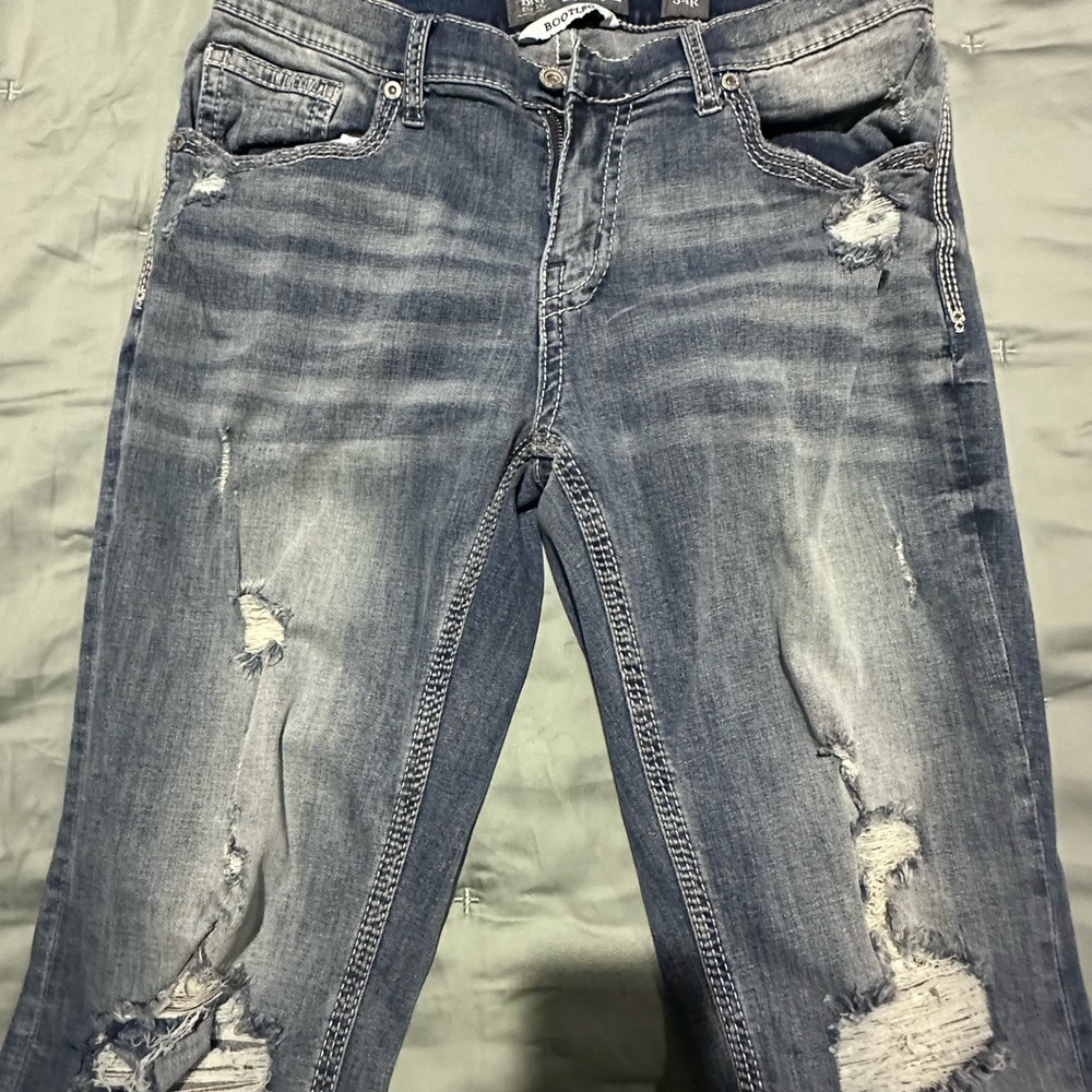 BKE Light Blue Distressed Derek BootlegJeans